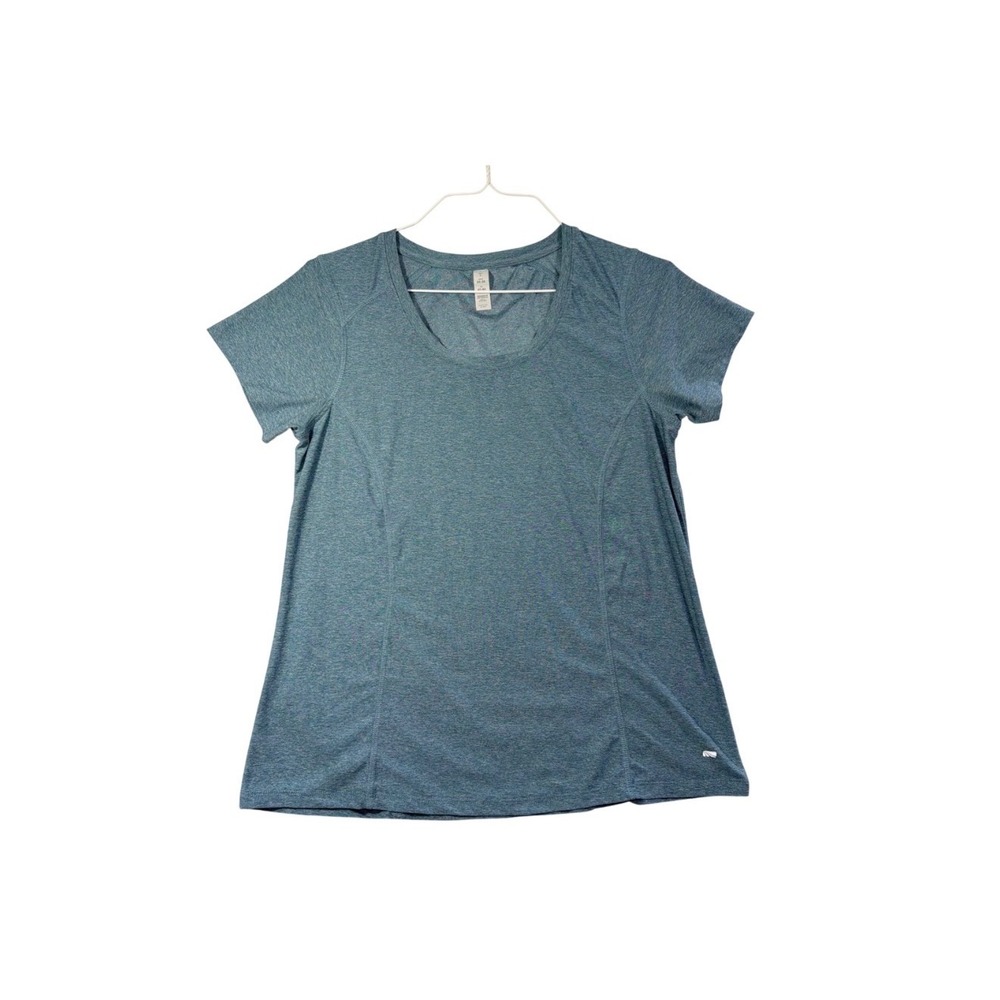 Marika Womens Teal Blue Heathered Space Dye Short Sleeve Activewear Top Large